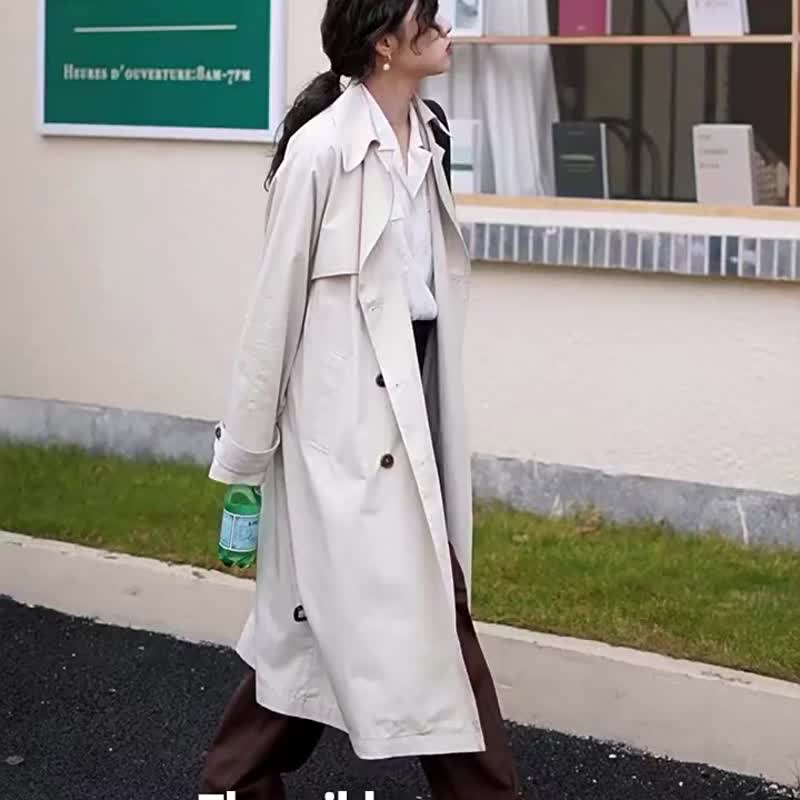 灰杏色 高級簡約氣質通勤長款風衣 松弛感雙排扣大廓型外套 - 女装休闲/机能外套 - 棉 灰色