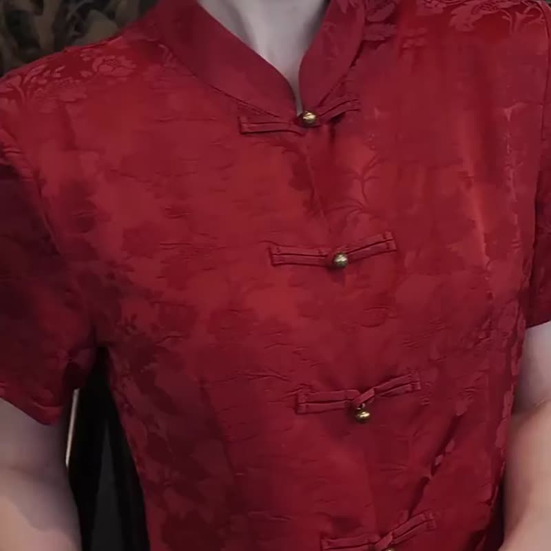 落霞 紅色兩件式套裝 訂婚改良唐裝 新中式國風 新娘婚禮晨袍禮服 - 旗袍 - 其他人造纤维 红色