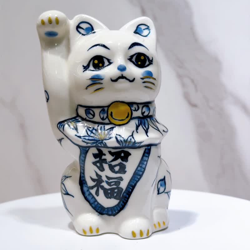 【瑞染耀彩】日本清水烧招财猫 | 染付 - 云锦 金彩 - 摆饰 - 瓷 白色