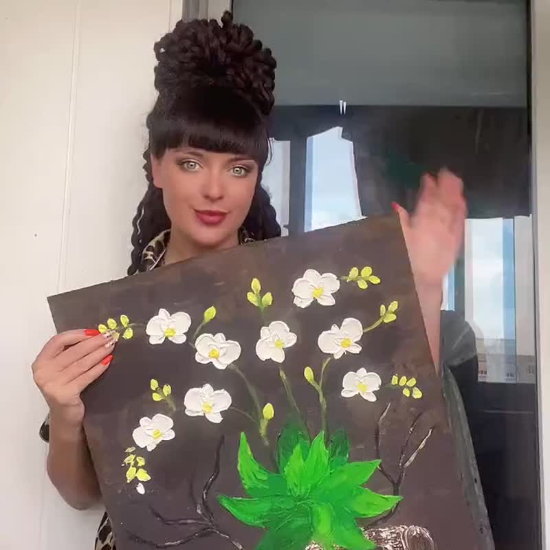 兰花画花卉原创艺术花卉墙艺术Impasto花卉小画21.5*18MyrikArt - 海报/装饰画/版画 - 其他材质 白色