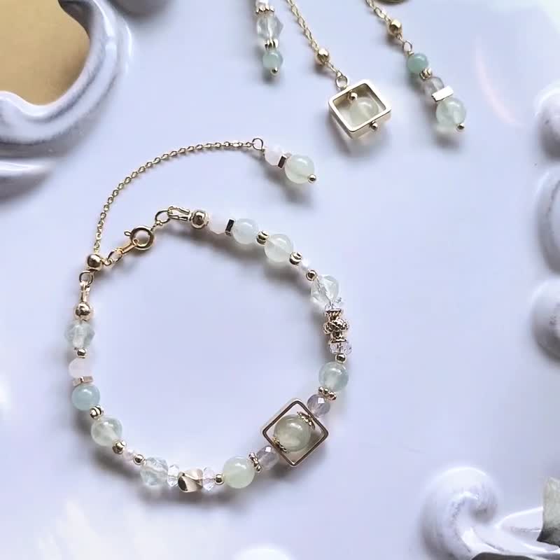 六月的夏多内 | 葡萄石 淡水珍珠 天青冻 水晶手链 可调节延长链 - 手链/手环 - 半宝石 绿色