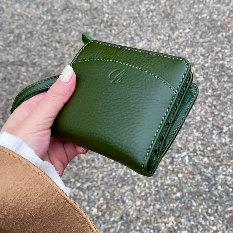 Anna (Green): Mini wallet, short wallet, cow leather, Bifold Zipper wallet - 皮夹/钱包 - 真皮 绿色