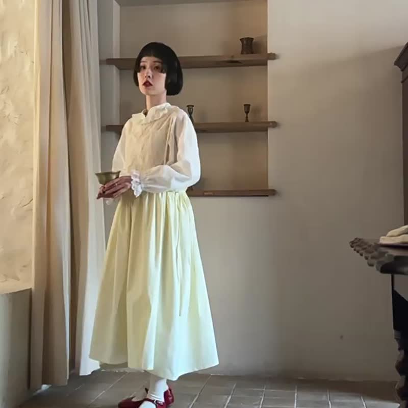 米白色 鏤空日系洋裝連身裙 無袖拼接森女系長裙 - 洋装/连衣裙 - 棉 黄色