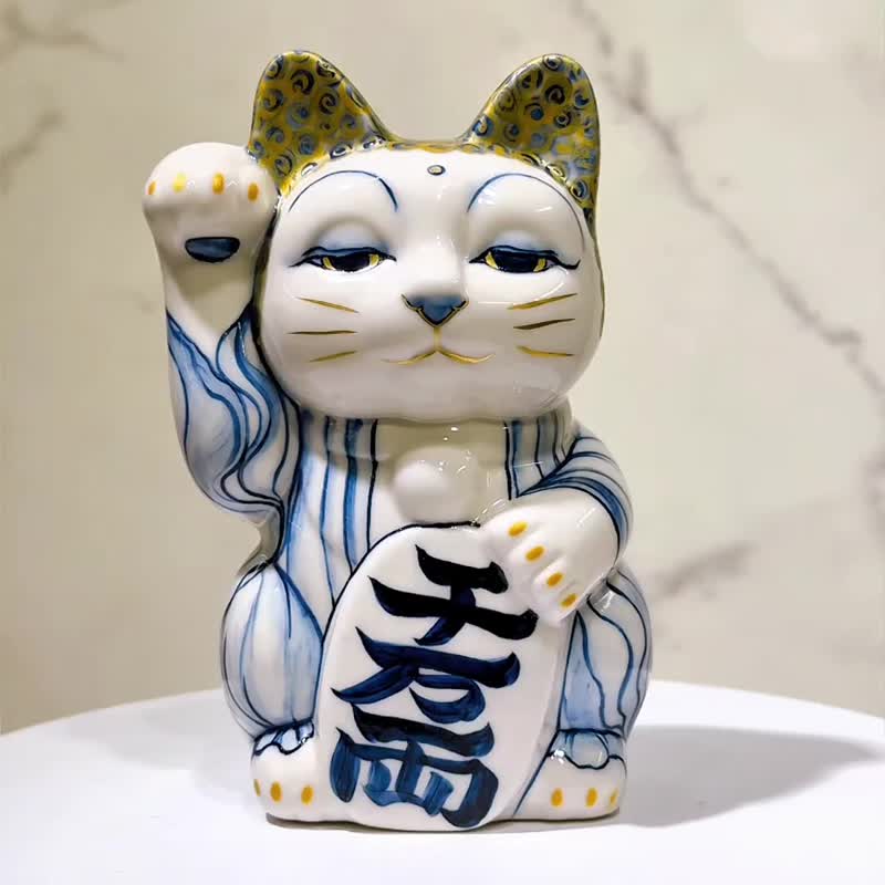 【佛光招福】日本清水烧招财猫 | 染付 佛陀 - 摆饰 - 瓷 白色