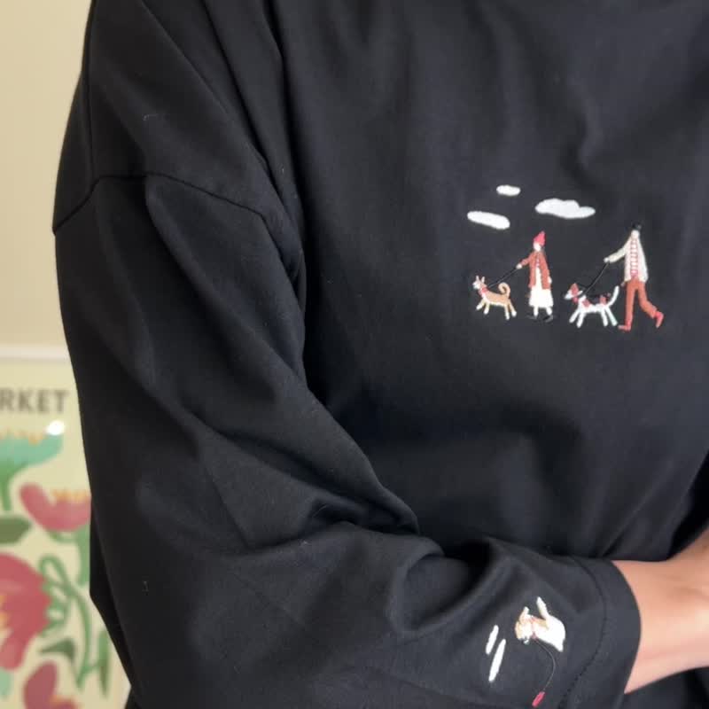 (男女皆可) 刺绣 黑色长袖弹性棉上衣 - 男装上衣/T 恤 - 绣线 