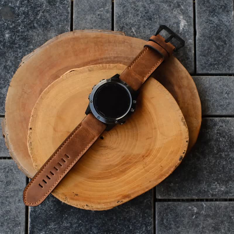 疯马牛皮栗色皮革 Garmin 快装表带 - 表带 - 真皮 咖啡色