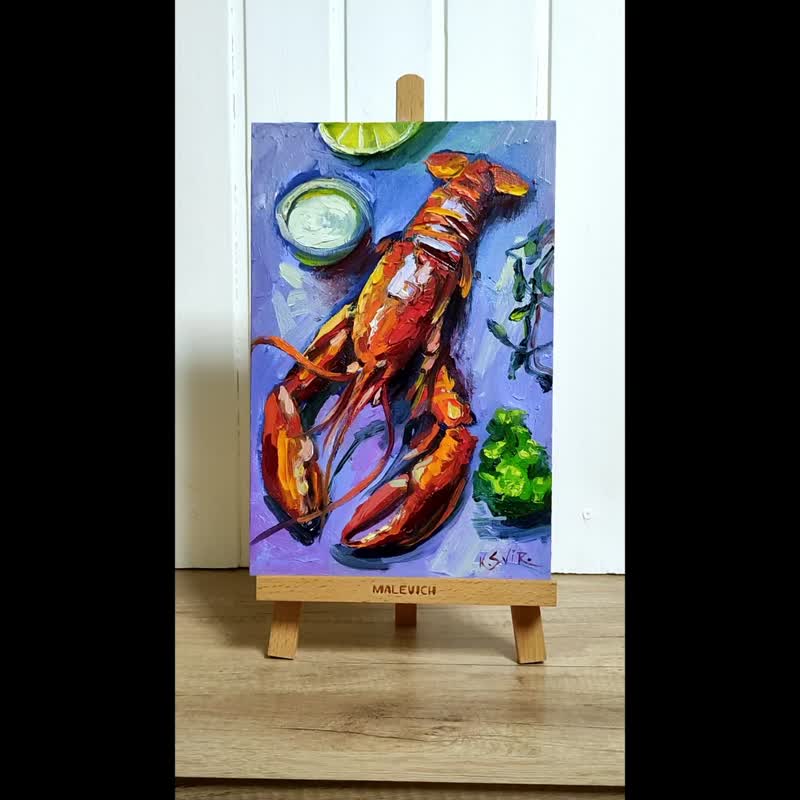 Lobster Painting Seafood Original Art Still Life Painting Impasto Small Artwork - 海报/装饰画/版画 - 其他材质 多色