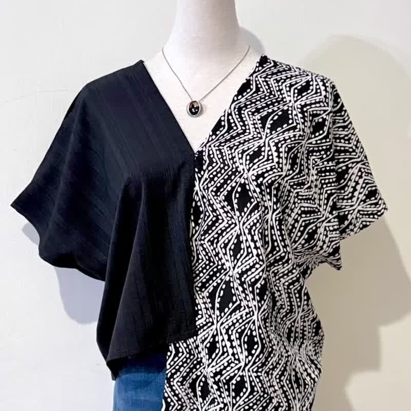 柔软嫘萦不对称黑白撞色民俗风部落图腾民俗风四角衣罩衫 - 女装衬衫 - 其他人造纤维 黑色