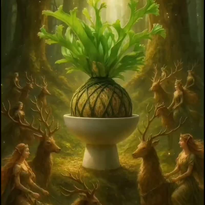 苔球植物 鹿角山苏咖啡绿苔球加磨砂高脚钵 苔球 苔玉 礼物 送礼 - 植栽/盆栽 - 植物．花 绿色