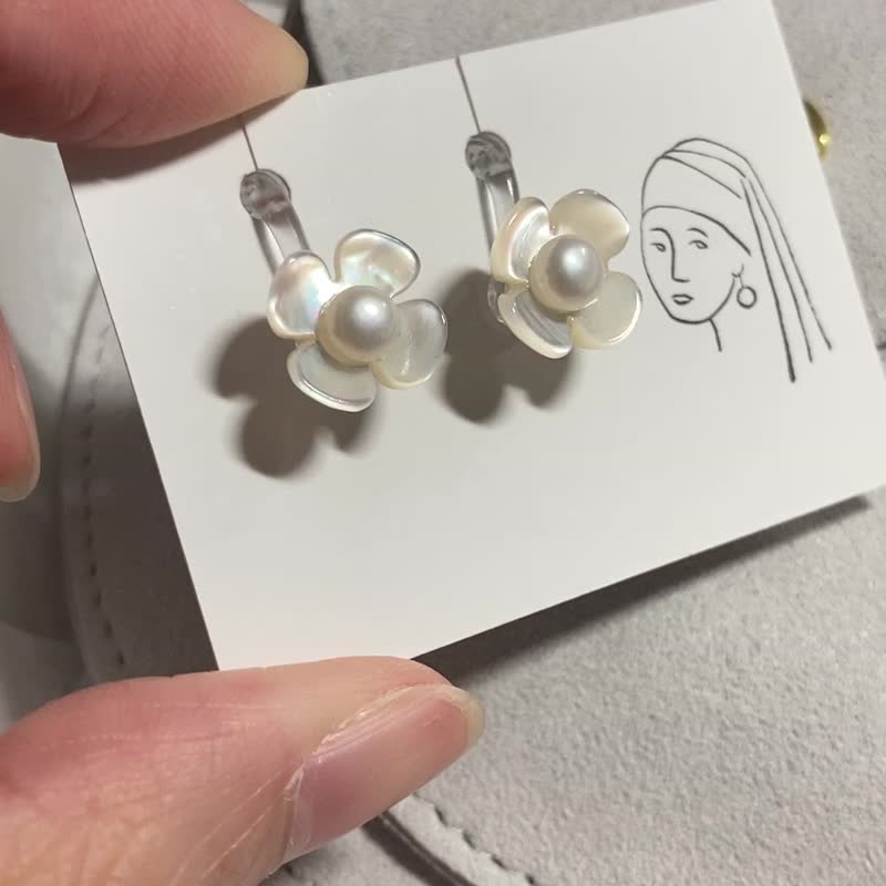 【月下见】天然淡水珍珠 天然贝壳贝母 全925纯银耳环/耳 - 耳环/耳夹 - 珍珠 银色