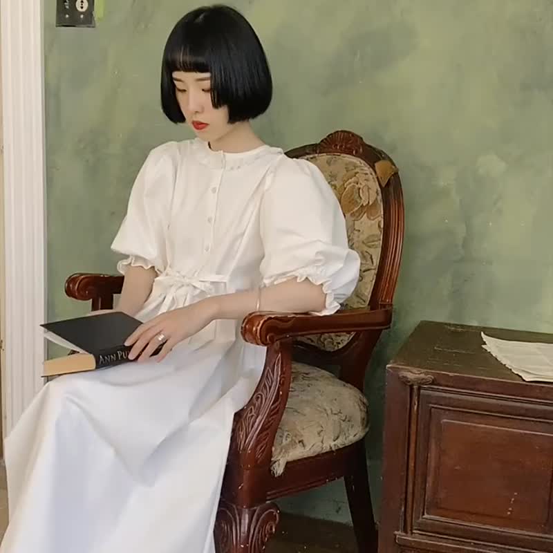 白色 温柔赫本燈籠袖百褶裙 花邊領宮廷復古短袖洋裝仙女風連身裙 - 洋装/连衣裙 - 棉 白色