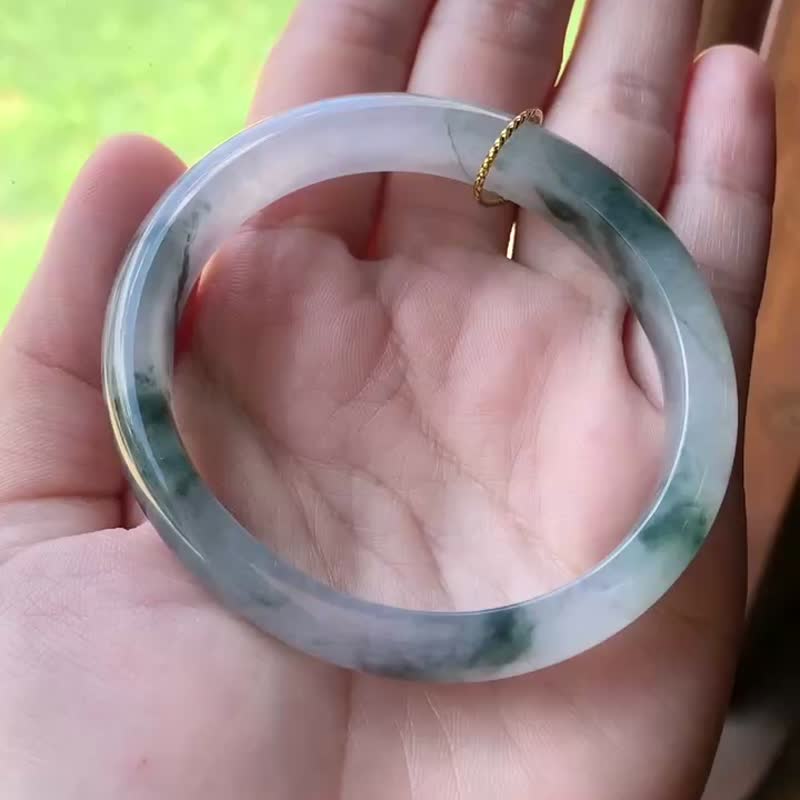 丨苍翠丨冰糯种飘花翡翠手镯 圈口55 缅甸玉A货 - 手链/手环 - 玉石 绿色