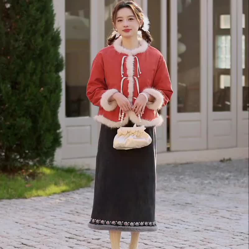 喜慶紅色 中式秋冬夾棉繫帶少女棉服外套 新中式中秋春節改良旗袍 - 女装休闲/机能外套 - 其他人造纤维 红色