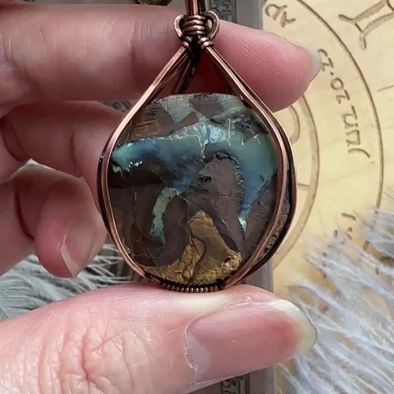 WW249 全手工编织 绕铜线复古做旧 wire wrap 铁矿石澳宝吊咀 - 项链 - 铜/黄铜 咖啡色