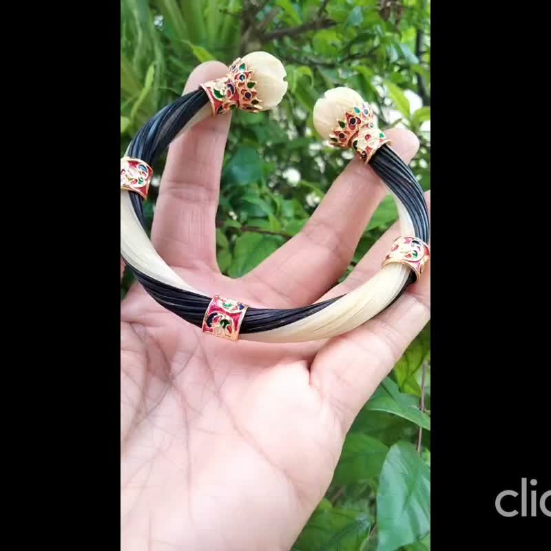 正品象毛手链，白，黑色，莲花头，银镶嵌，金镶嵌，素可泰珐琅，均码 - 手链/手环 - 纯银 多色