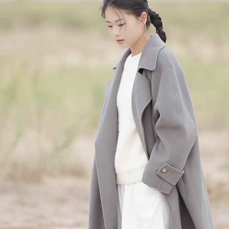 灰色 秋冬刚需通勤出街百搭长外套 羊毛羊绒长款大衣 - 女装休闲/机能外套 - 羊毛 灰色