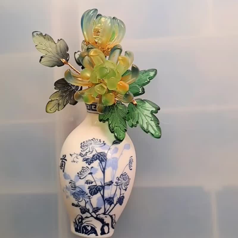 【中国风花瓶-琉璃绿菊】磁铁 ∕ 冰箱贴 ∕ 扩香瓶 - 冰箱贴/磁贴 - 玻璃 绿色