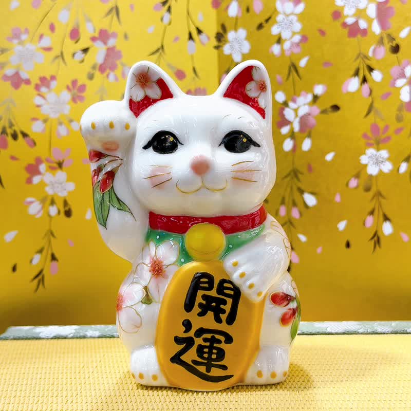 【樱舞春运】日本清水烧招财猫 | 色绘 - 樱 - 摆饰 - 瓷 白色