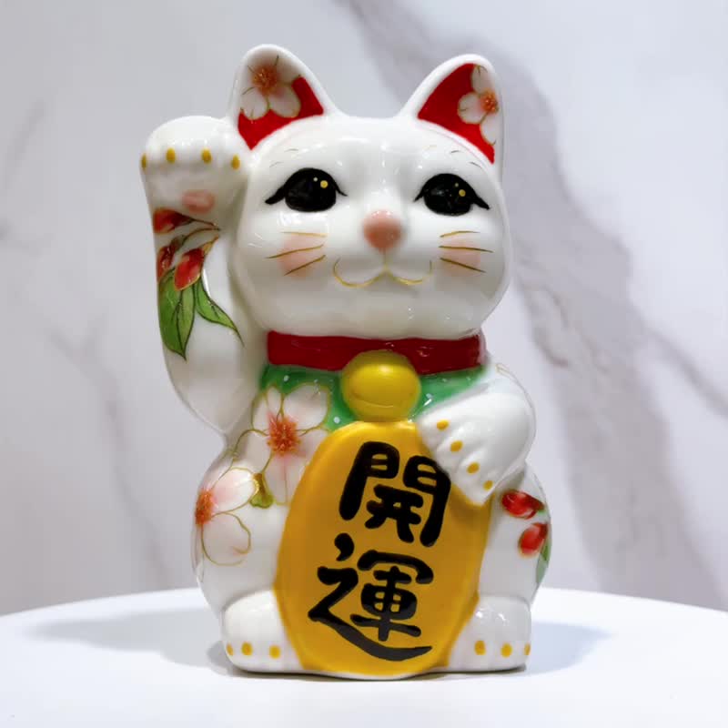 【樱舞春运】日本清水烧招财猫 | 色绘 - 樱 - 摆饰 - 瓷 白色