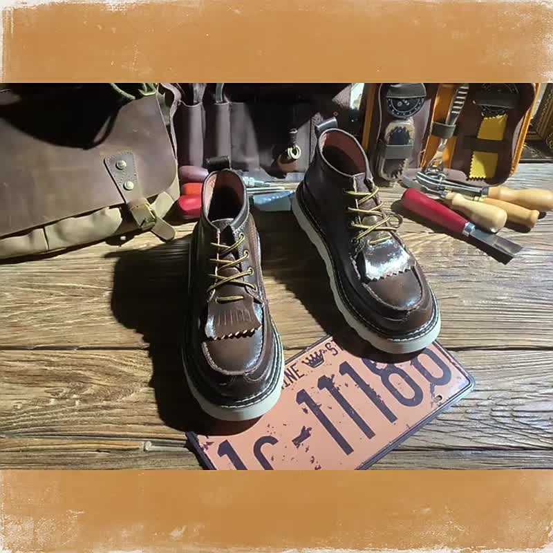 春季新款马丁靴男真皮英伦风中帮高帮皮鞋复古工装靴 - 男款靴子 - 真皮 黑色