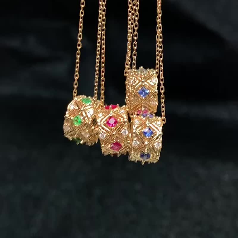 华冠欧洲金雕沙弗莱刚玉 18k 金彩色蓝宝石红宝石项链对链 - 项链 - 宝石 红色