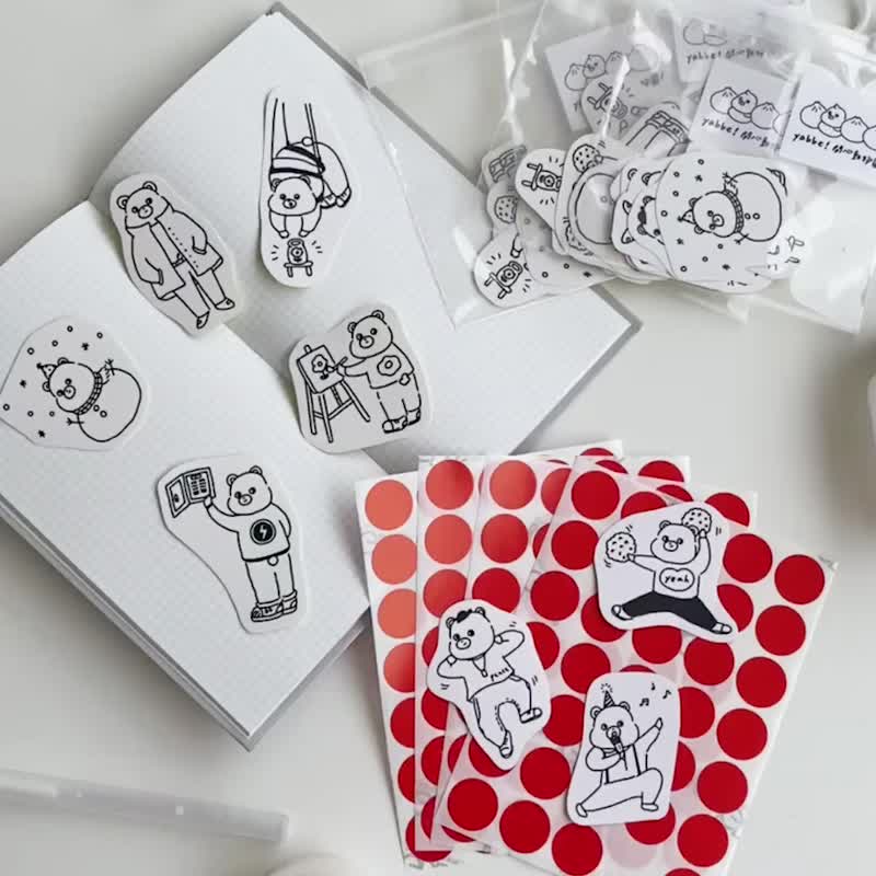 开心动物园-熊熊No.2黑白线条贴纸包/手帐贴纸 - 贴纸 - 纸 黑色