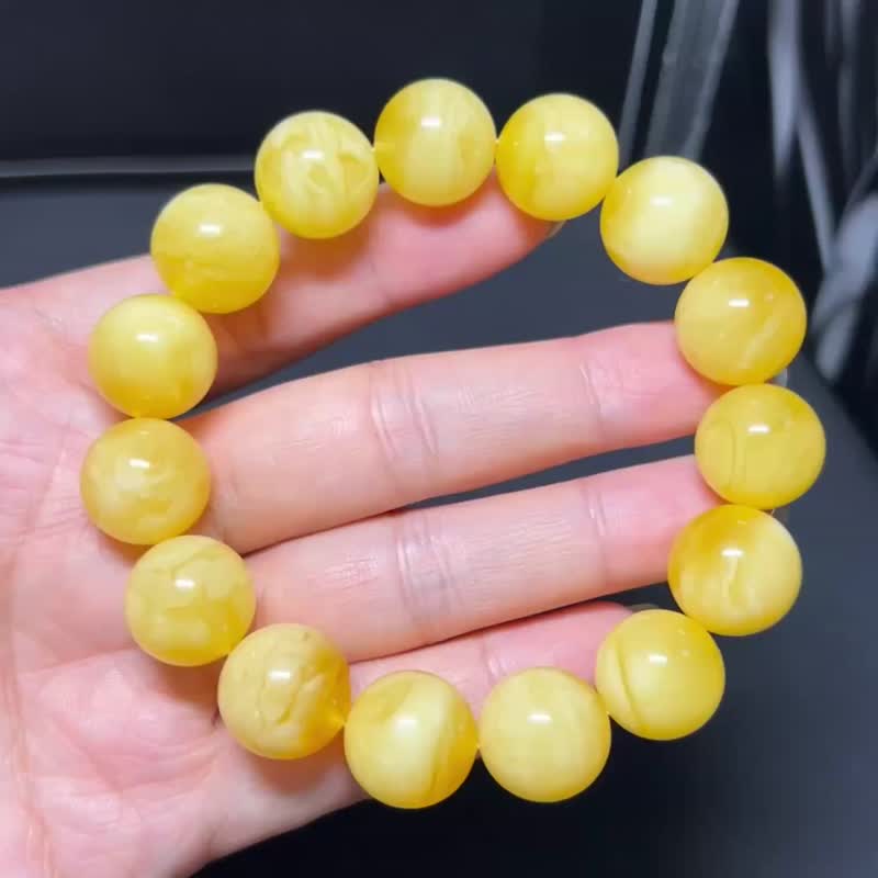 天然波罗的海蜜蜡圆珠手串原矿无优化 俄料鸡油黄飘白花 - 手链/手环 - 水晶 