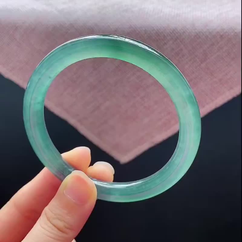 冰种翡翠天然翡翠玉镯A玉手镯 玉鈪 • 冰种湖蓝绿翡翠圆镯 - 手链/手环 - 玉石 绿色