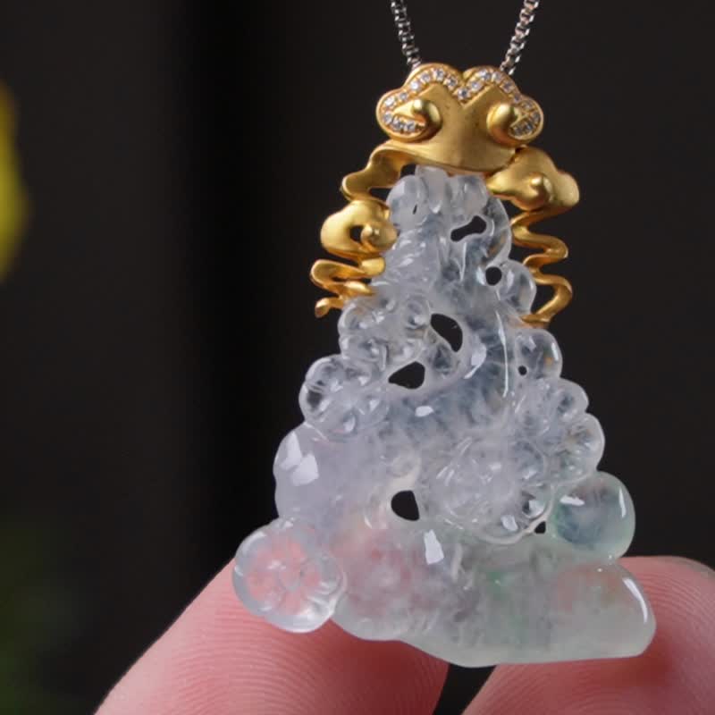 玻璃种飘绿花翡翠梅花项链 18K金钻石 | 天然缅甸玉A货翡翠 |送礼 - 项链 - 玉石 透明