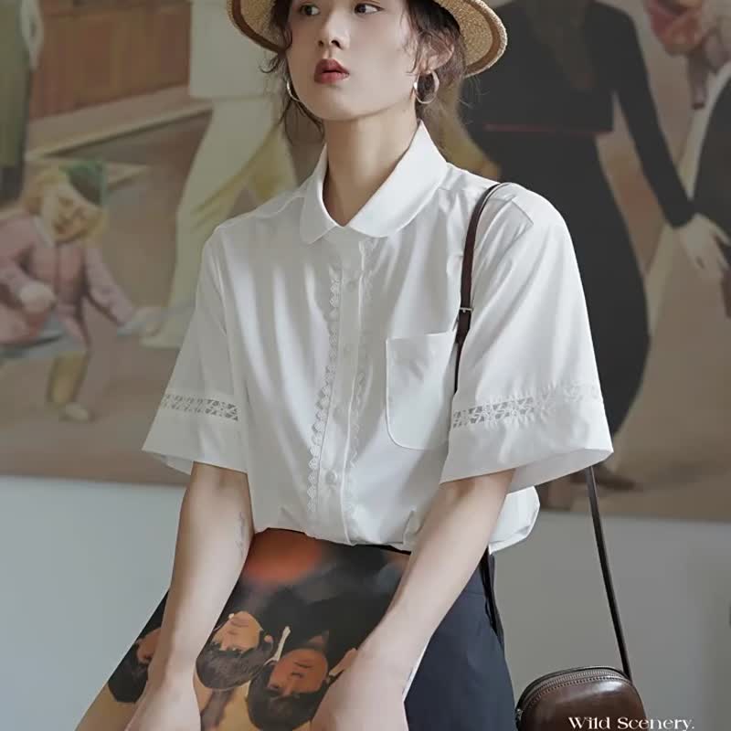 白色夏日 文藝親膚莫代爾抗皺短袖襯衫 元寶領鏤空花邊襯衣 - 女装衬衫 - 其他人造纤维 白色