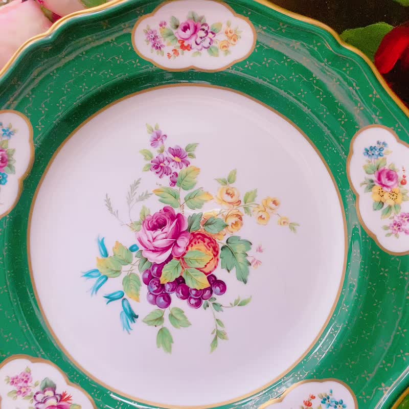 英国制百年名瓷 Spode Copeland 手绘玫瑰蛋糕盘餐盘库存品绿色 - 盘子/餐盘/盘架 - 瓷 绿色