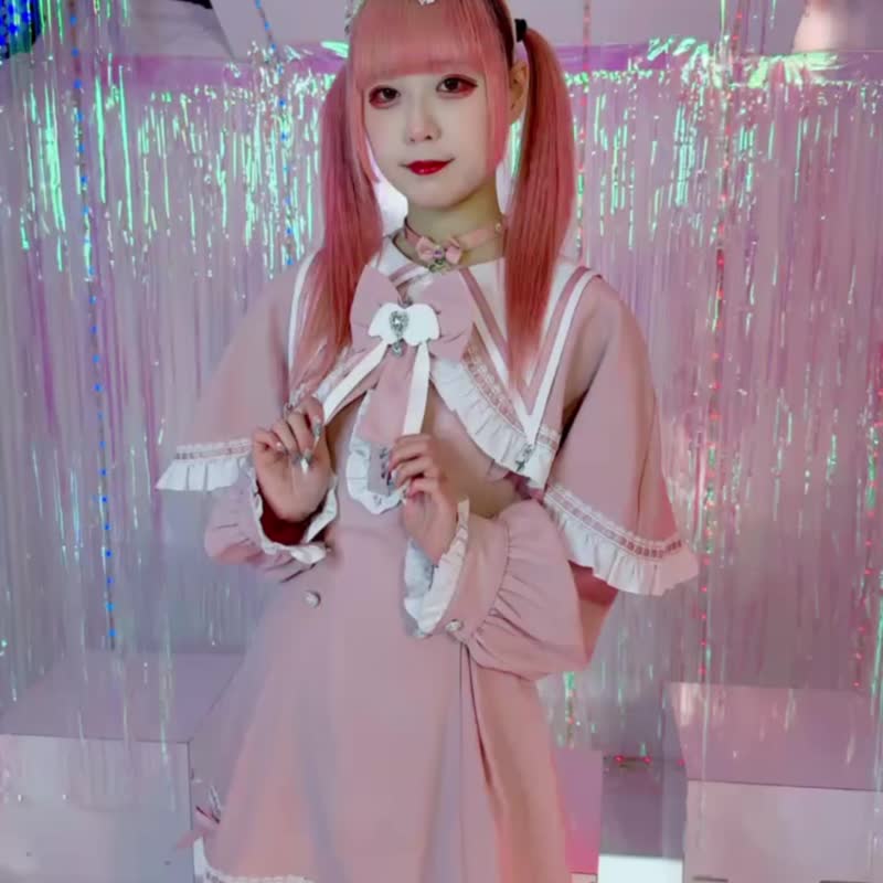 原创萝莉塔恋爱魔法阵领结双排扣长袖洋装尖领斗篷套装【JJ2558 - 洋装/连衣裙 - 棉 