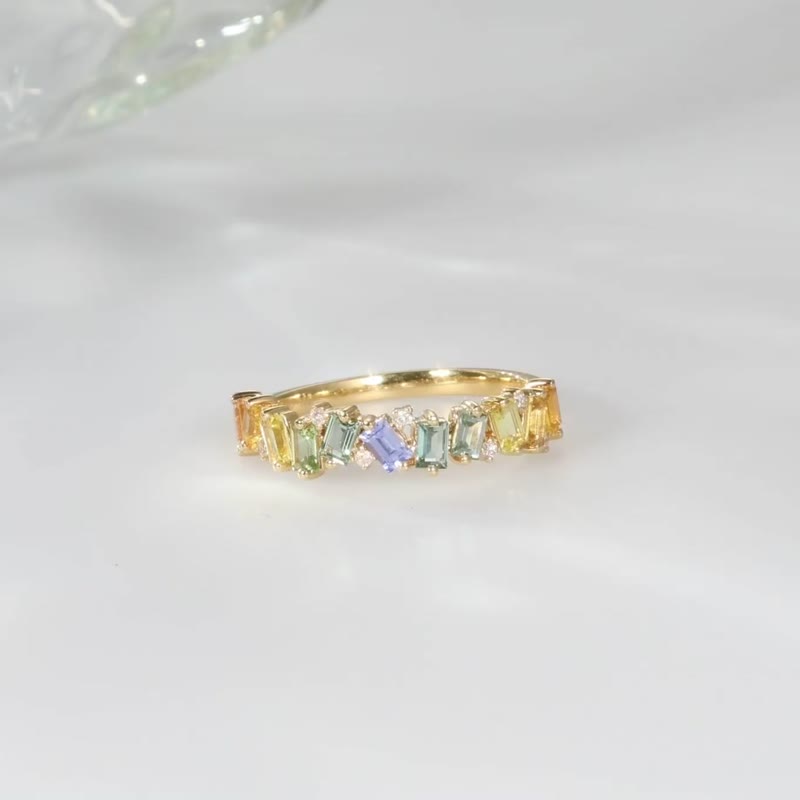 日晴彩色蓝宝石天然石向日葵刚玉鹦鹉梯方 18k 金蓝宝石戒指 - 戒指 - 宝石 蓝色