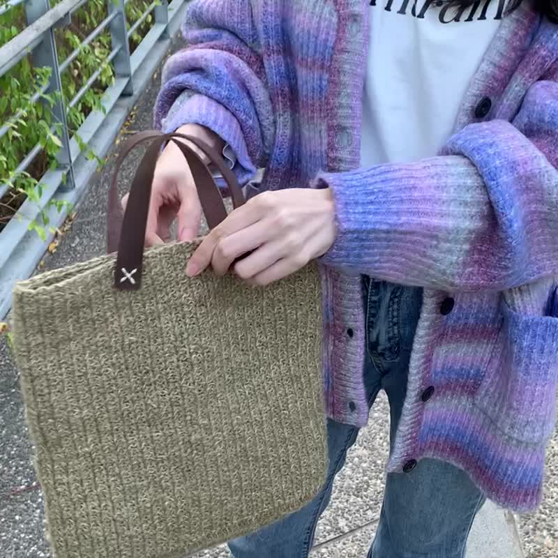 草饼 皮革提把手提包 / 麻绳编织 / - 手提包/手提袋 - 棉 绿色