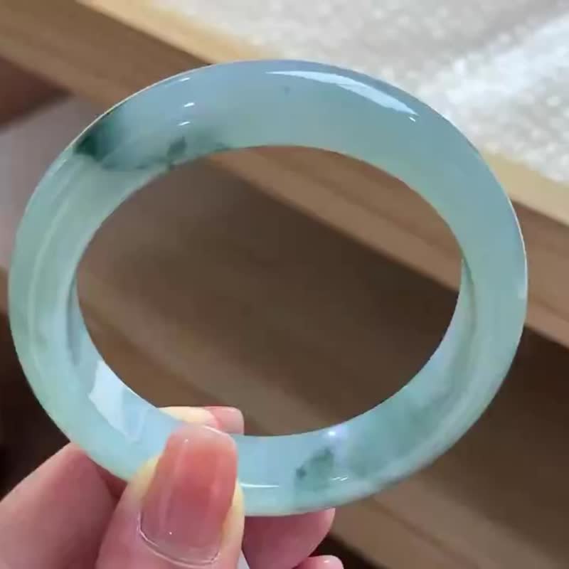 冰种翡翠天然翡翠玉镯A玉手镯 玉鈪 • 冰种蓝飘花翡翠福镯 - 手链/手环 - 玉石 蓝色