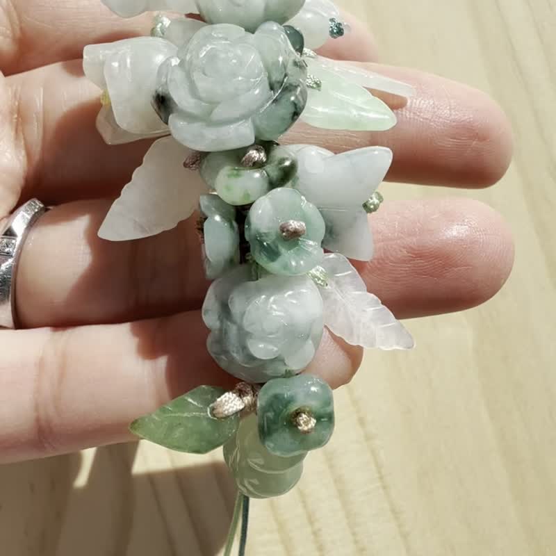 手工編織翡翠手链－深绿花园里的鸟与铃兰 - 手链/手环 - 玉石 绿色