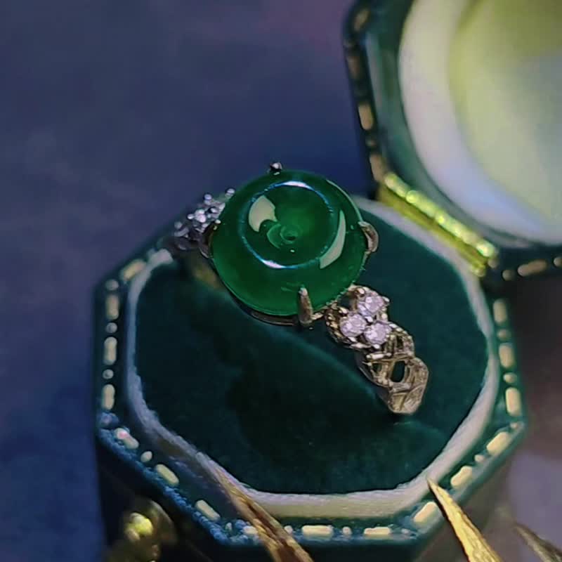 富贵 •圆满•顺遂|高冰玻辣绿|A货翡翠平安扣纯银精致戒指 - 戒指 - 玉石 