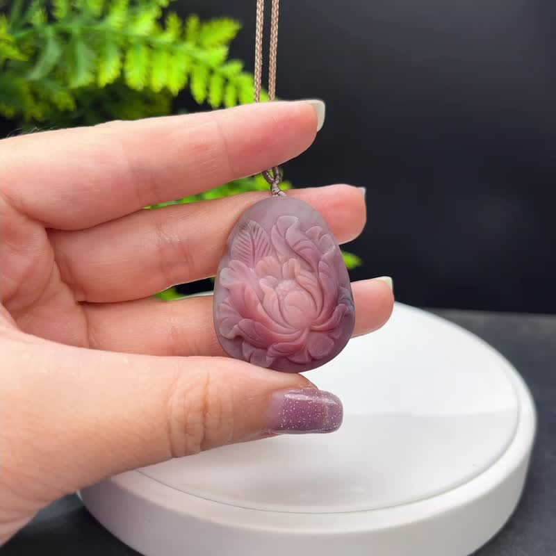 盐源玛瑙水滴吊坠 哑光粉紫渐变 手雕花开富贵 精致魅力 圆圆满满 - 项链 - 半宝石 