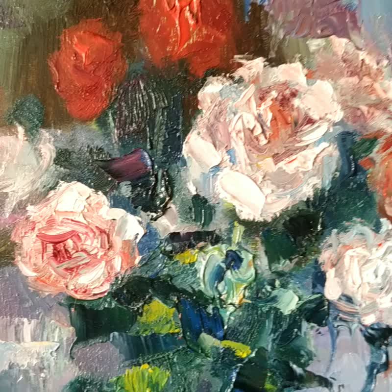 Roses Painting Flower Original Art Bouquet Artwork Impasto Floral Impressionism - 海报/装饰画/版画 - 木头 多色
