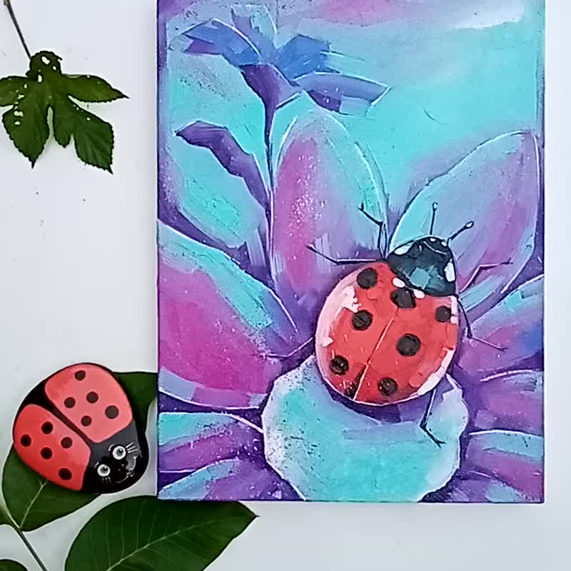 Ladybug Painting Floral Original Art Farmhouse Artwork Kids Room Wall Art Oil - 海报/装饰画/版画 - 其他材质 紫色