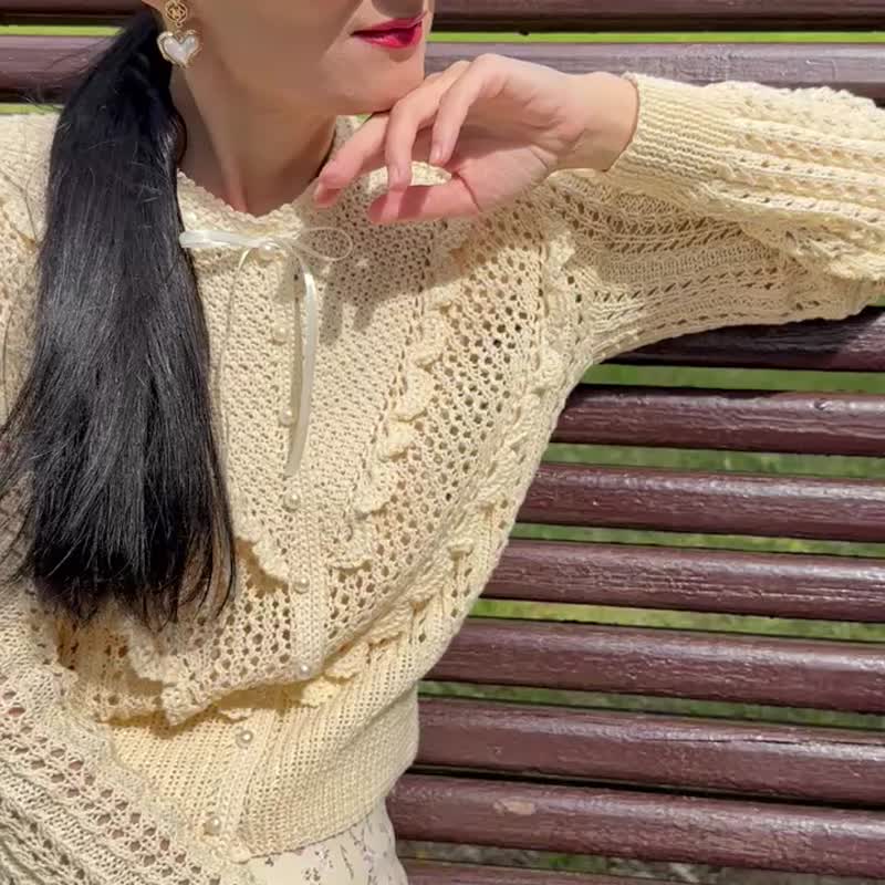 荷叶边手工编织开襟衫 棉质蕾丝针织上衣 手工毛衣外套 女士 - 女装针织衫/毛衣 - 棉．麻 