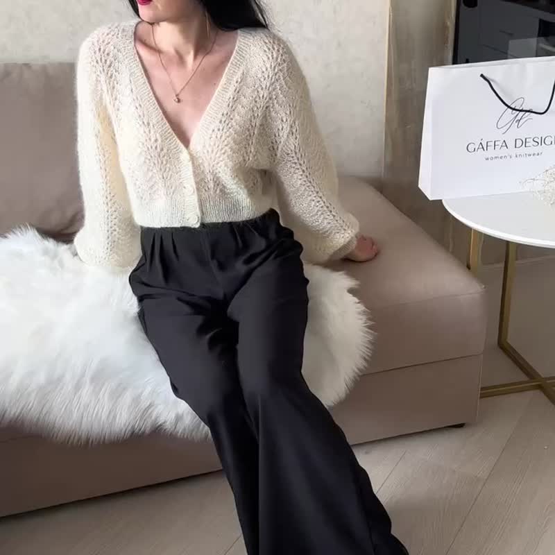马海毛毛衣 女款 手工针织开襟外套 手织短版上衣 - 女装针织衫/毛衣 - 羊毛 