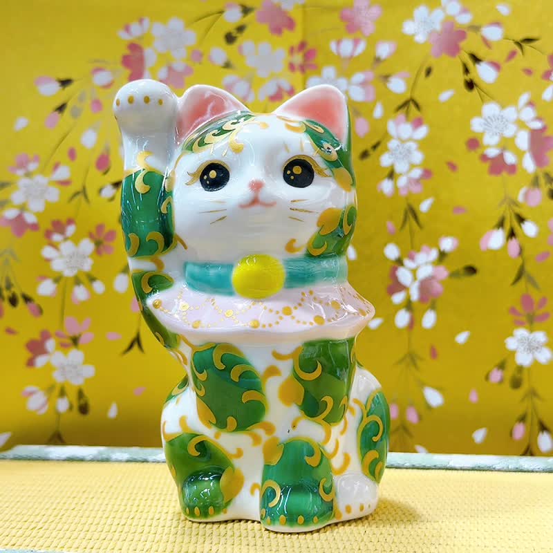 【唐草聚福】日本清水烧招财猫 | 色绘 - 白地 唐草 - 摆饰 - 瓷 白色