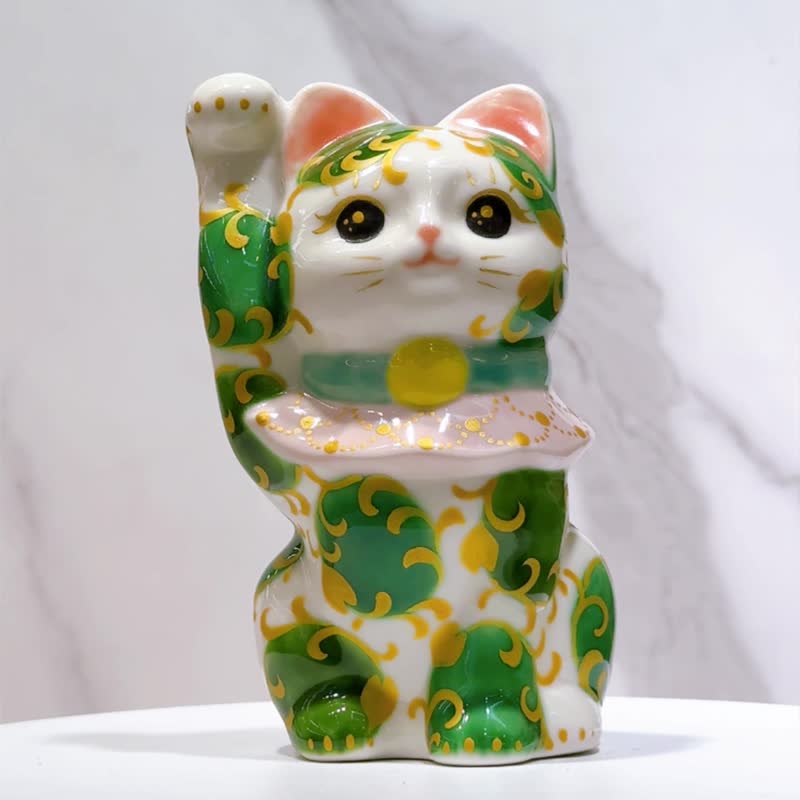 【唐草聚福】日本清水烧招财猫 | 色绘 - 白地 唐草 - 摆饰 - 瓷 白色