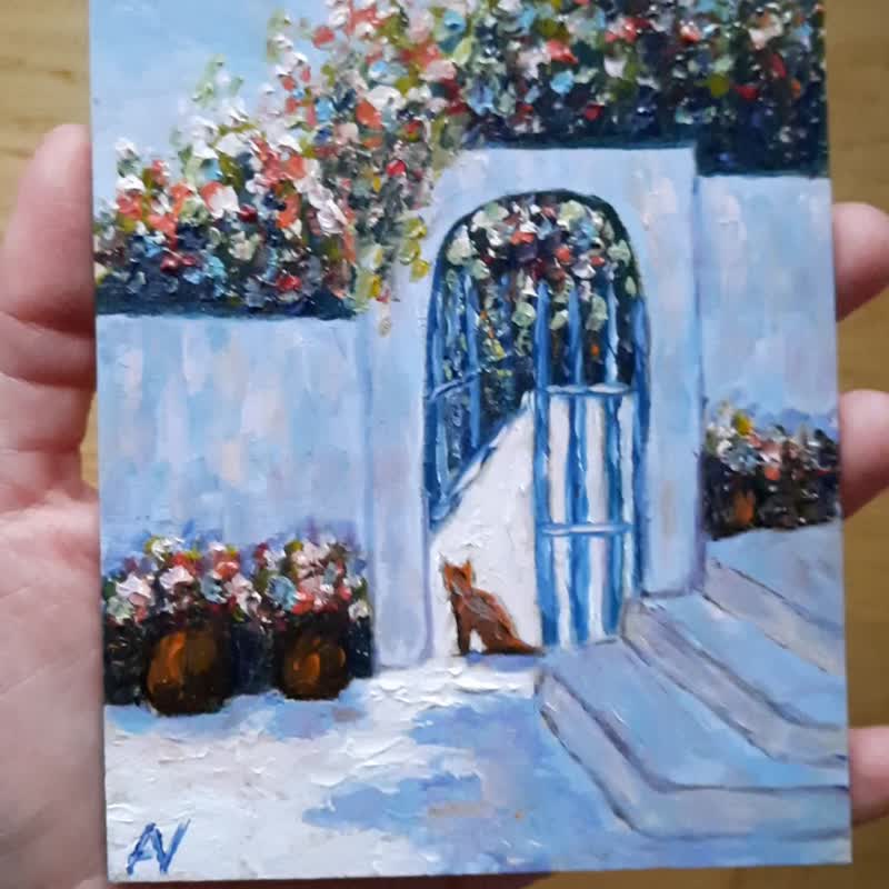 希腊原创油画、地中海猫咪、九重葛、迷你艺术画作 - 墙贴/壁贴 - 木头 