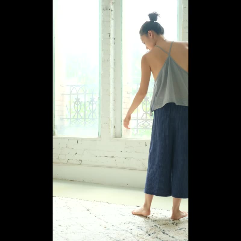 条纹布料宽裤 / 双层纱 黑 - 女装长裤 - 棉 黑色
