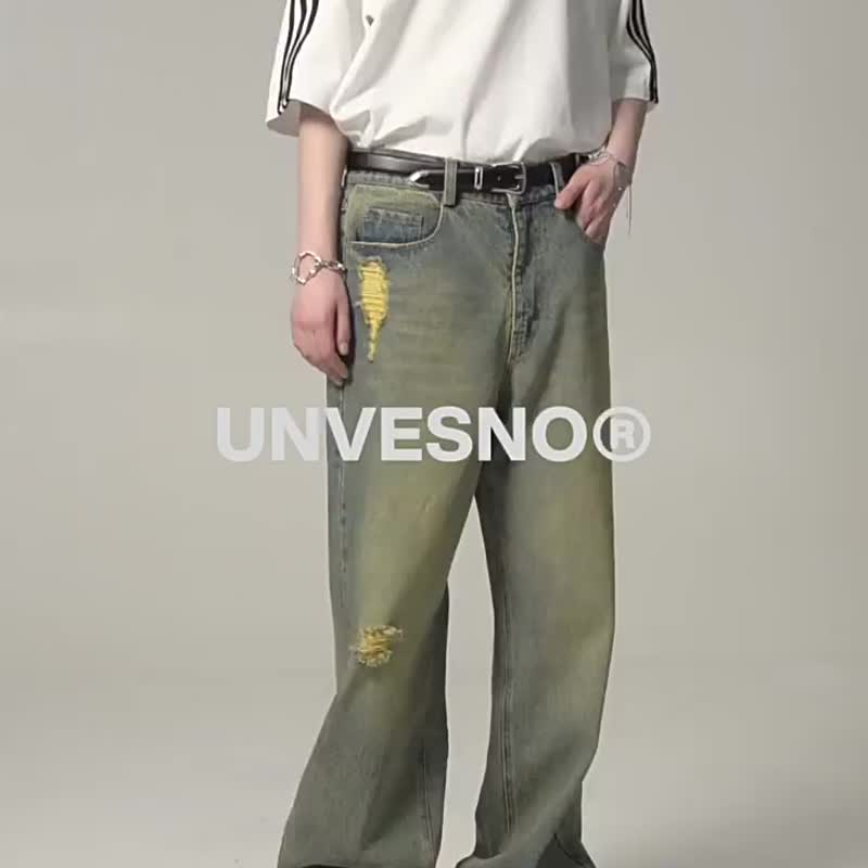 Unvesno (UN)  橡筋怀旧中性洗水13盎司破坏A形牛仔裤  TR-3197 - 中性裤装 - 棉．麻 蓝色