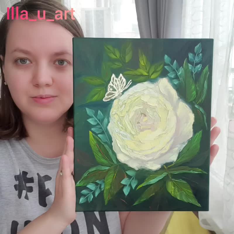 Rose Painting Butterfly Original Art Flower Wall Art Floral Canvas Oil Painting - 海报/装饰画/版画 - 棉．麻 绿色