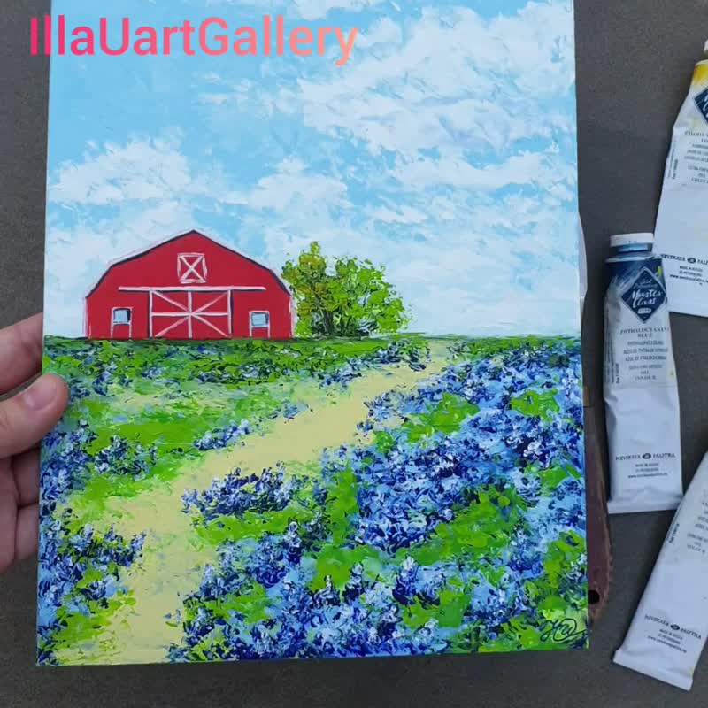 Red Barn Painting Bluebonnet Original Art Floral Wall Art Landscape Artwork - 海报/装饰画/版画 - 其他材质 多色