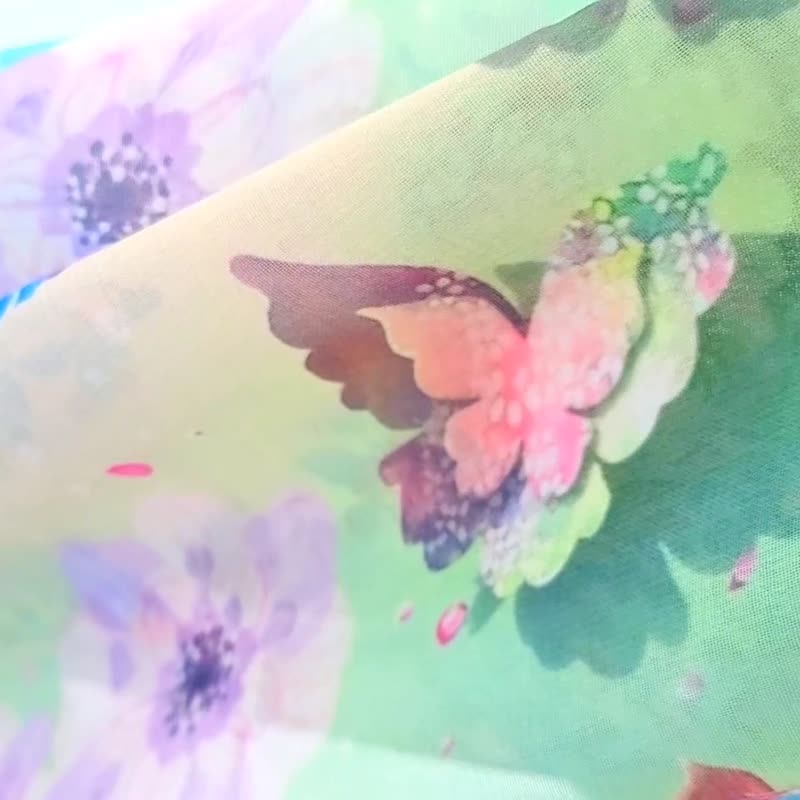 二周【Beautiful fountain &flower-colored butterflies】雪纺丝巾 披肩 母亲节 生日礼物 - 围巾/披肩 - 聚酯纤维 蓝色